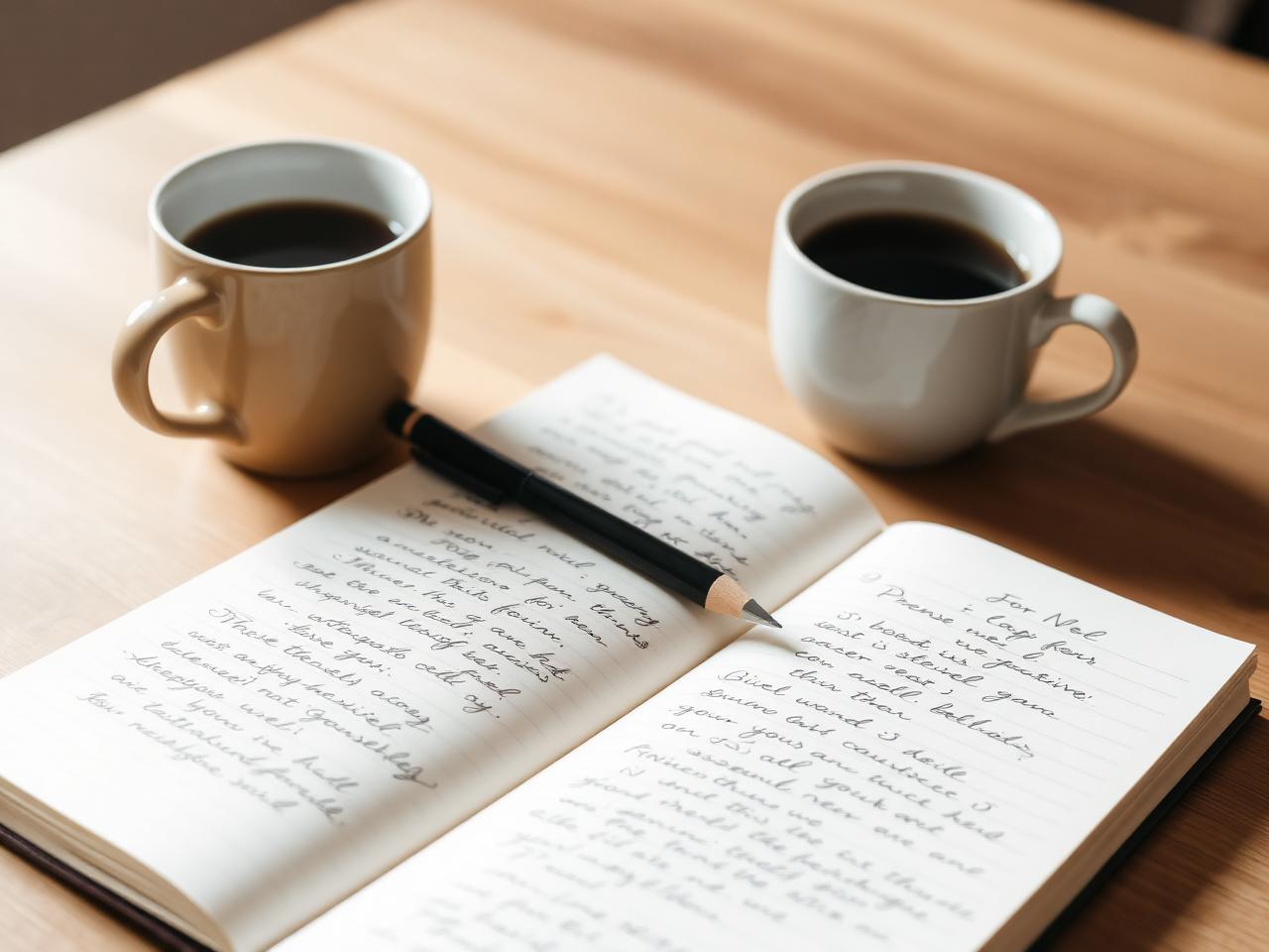 Open notebook and coffee on a wooden table