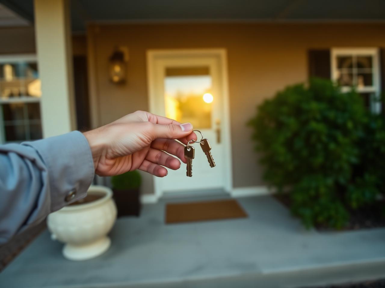 Handing over house keys on a sunlit front porch